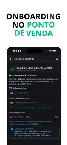 Tela de cadastro de novo representante comercial no ponto de venda