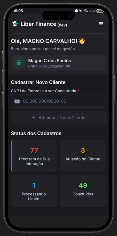 Interface do aplicativo Liber Finance mostrando dashboard de onboarding de clientes